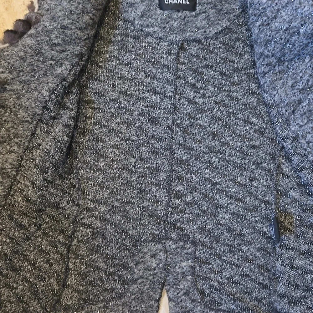 RARE Gray Metallic Accent Cardigan Sweater with Feather Accent Trim - Picture 12 of 16